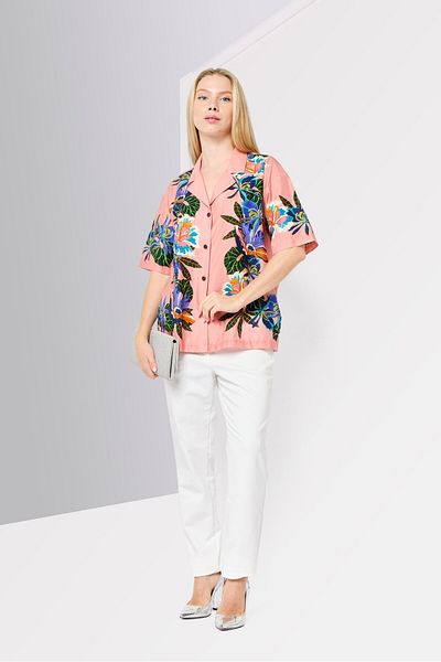 Scotch & Soda Women Notched Collar Short Sleeve Floral Print Shirt, Multicolor