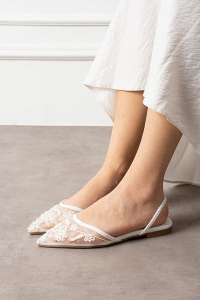 Mio Styllo Milany Mesh Embroidery and Bead Detailed Pointed Toe Luxury Women's Ballerinas