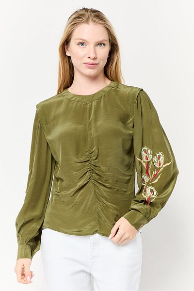 Scotch & Soda Women Round Neck Long Sleeve Embroidered Blouse, Olive