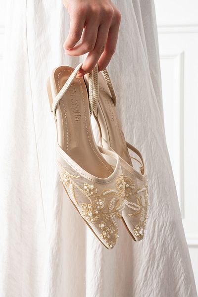 Mio Styllo Milany Mesh Embroidery and Bead Detailed Pointed Toe Luxury Women's Ballerinas
