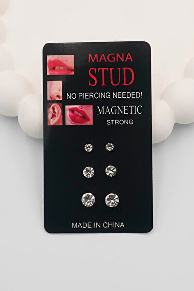 TREND COLLECTİON 2-4-6 mm Unisex Çelik Küpe Beyaz Zirkon Taşlı 3 Çift Mıknatıslı Manyetik Çelik Küpe