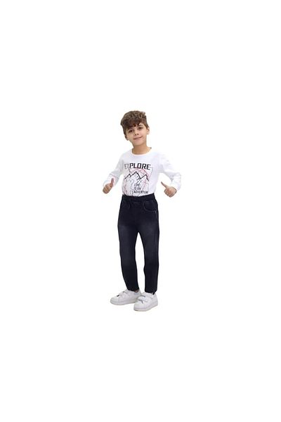 tati life Tatuilfe 215-05-25 Men's Lycra Straight Leg Elastic Waist Black Jeans Pants 9/13 Years