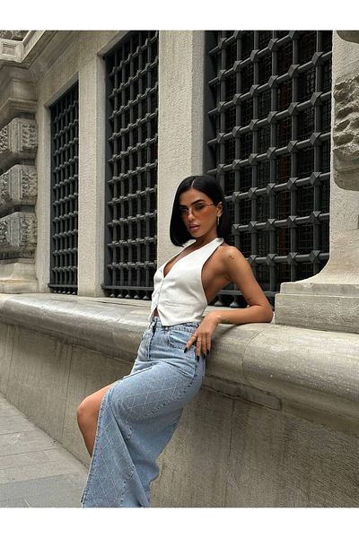 GAMZE ALPTEKİN Fusta din denim cu model diamant Fusta din denim cu fante (Slim Fit, cumpărați o mărime mai mare)