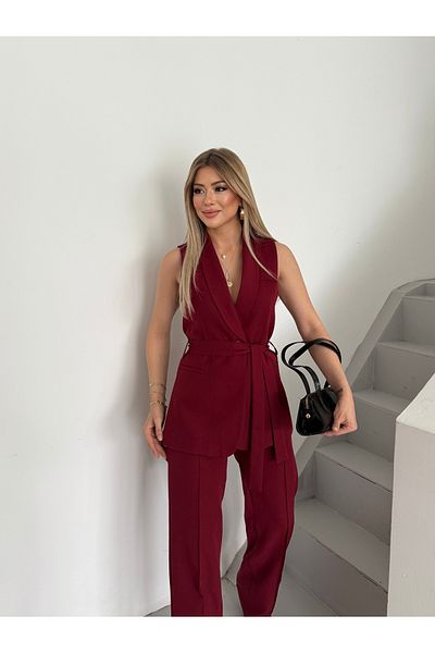 HOEK Women's Burgundy Belted Vest Pants Set