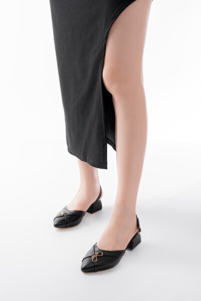 DİVOLYA Gabriel Black Cross Buckle (4 cm Heeled) Pointed Toe Ballerina Shoes