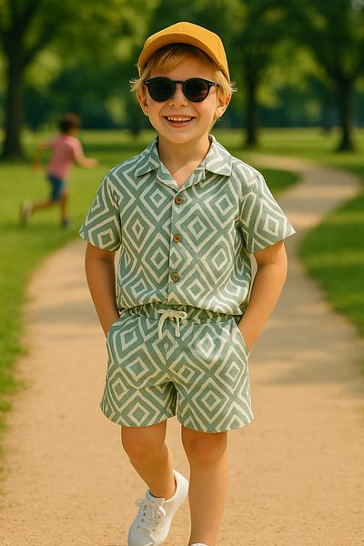 Kidmark Çocuk Modası Boy's Diamond Patterned Shirt Shorts Set