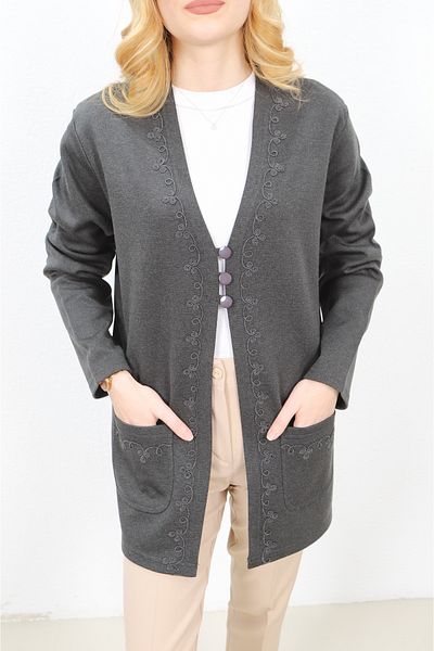 Özenli Triko Anthracite Colored Steel Knitted Mother Cardigan - Cordon Embroidered