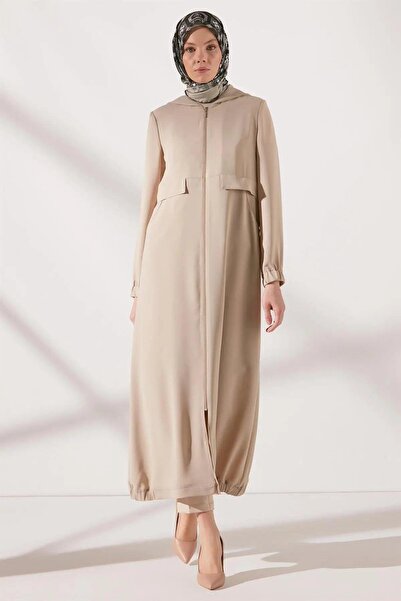 Tuğba Kapüşonlu Fermuar Kapamalı Ferace - Taş