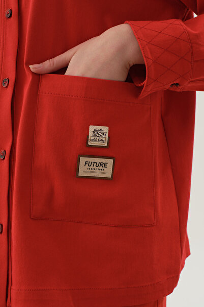 Tuğba Baklava Dikiş Detaylı Cepli Gömlek - Mercan