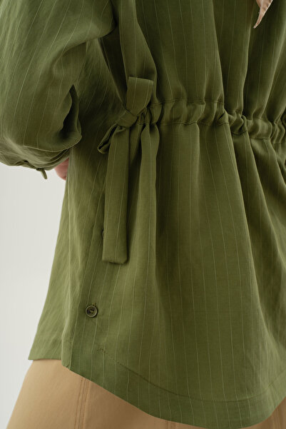 Tuğba Kuşaklı Çizgili Gömlek - Haki