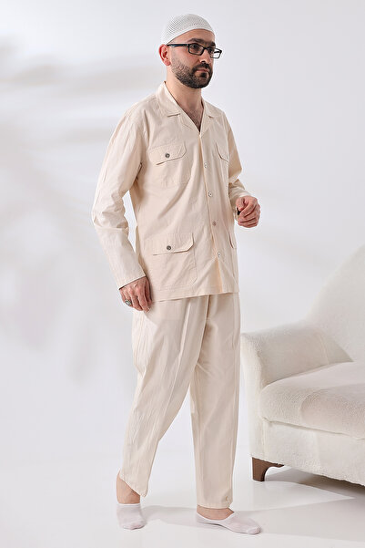 semazen Men's Linen 4-Pocket Double Safari Suit Hajj Umrah Clothing Cream