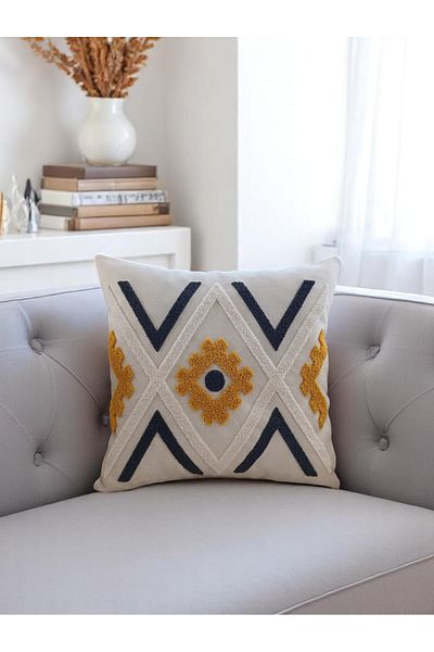 Home Geometric Patterned Punch Embroidered Throw Pillow Cover - 43X43Cm