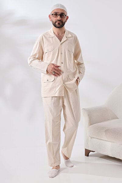 semazen Men's Linen 4-Pocket Double Safari Suit Hajj Umrah Clothing Cream