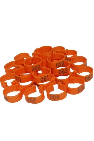 OEM Set de 100 de inele de plastic 18 mm, mărime medie, numerotate pentru păsări, picioare de găină, portocalii