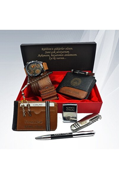 HediyesiBizden Kişiye Özel Erkek Aksesuar Hediye Seti (kemer-saat-cüzdan-kartlık-tesbih-çakmak-bileklik-çakı-kalem)