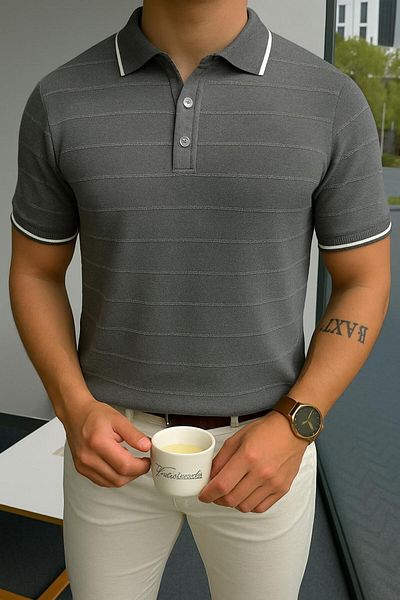 LC Waikiki Polo Neck Buttoned Stripe Embossed Short Sleeve Summer Men's Knitwear T-Shirt