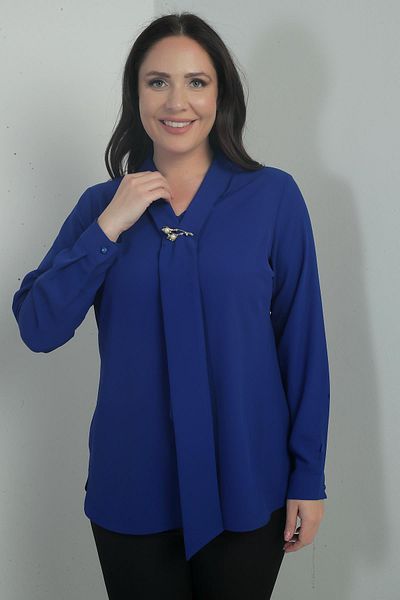 By Saygı Women's V-Neck Scarf Crepe Satin Large Size Blouse