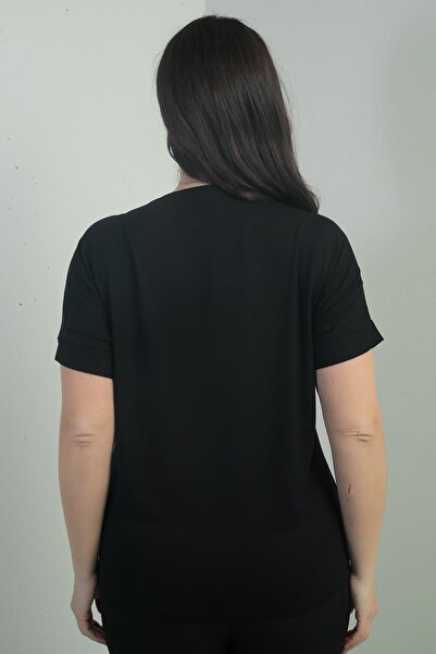 By Saygı Women's V-Neck Shoulder Mesh Sequin Large Size Lycra Blouse