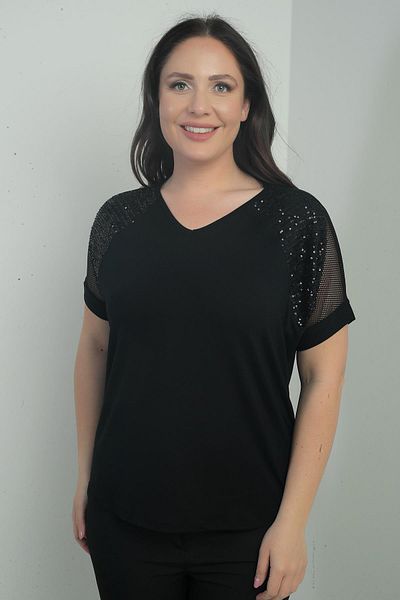 By Saygı Women's V-Neck Shoulder Mesh Sequin Large Size Lycra Blouse