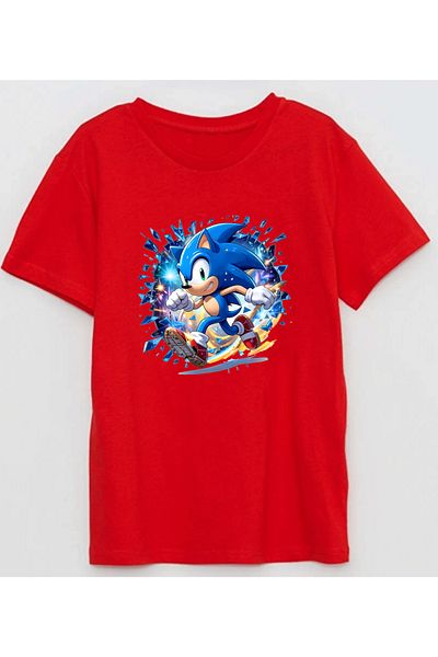 Efendioğlu Design Children's Cotton T-Shirt with Characters Printed in Super Sonic Running Style
