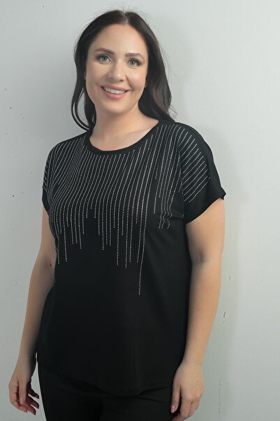 By Saygı Women's Front Waterfall Stone Printed Crew Neck B.B. Blouse