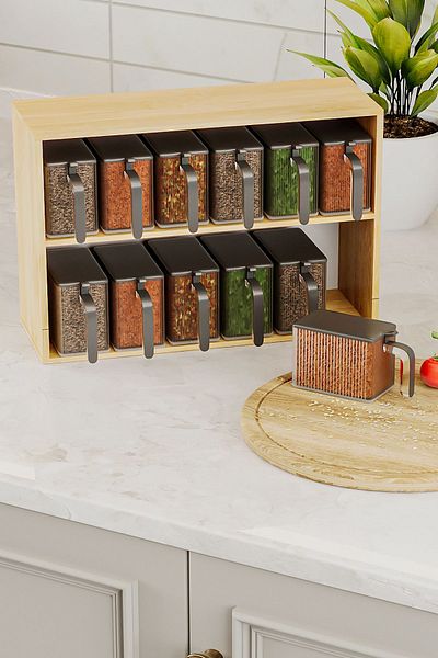 İronika Set of 12 Bamboo Spice Rack with Spoon and Lid Spice Storage Box