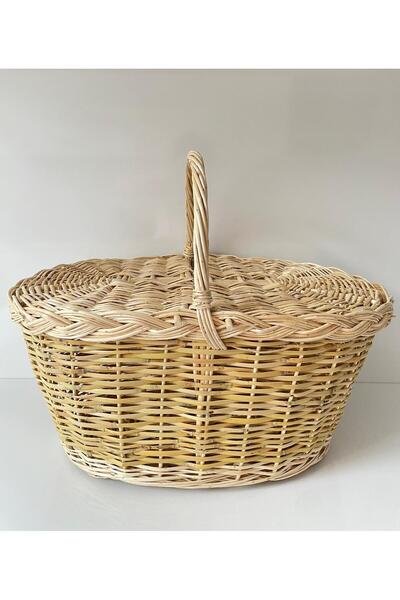Beyaz Atölyem Covered Wicker Handmade Large Size Picnic Basket Light Color