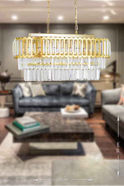 Avizemoda Lora Kristal Cam Taşlı Lüks Yemek Masası Üstü Avize - (SARI YALDIZ)