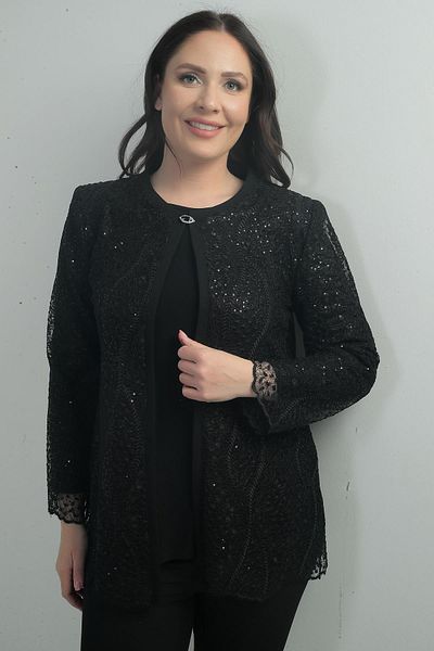 By Saygı Women's Long Sleeve Blouse Sequins Embroidered Lace Jacket Large Size 2 Piece Set