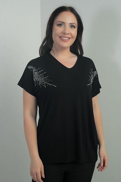 By Saygı Women's Shoulder Stone Printed V-Neck Bat Sleeve B.B. Blouse