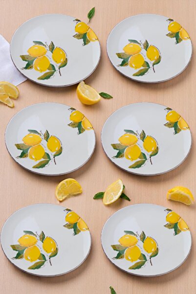 Home Limon Desenli El Yapımı Seramik Servis Tabak Seti 6 Adet 26 cm