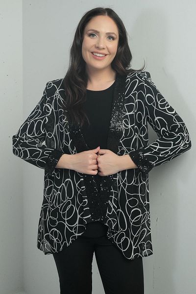 By Saygı Women's Front and Sleeve Tip Pulpayet Detailed Abstract Patterned Chiffon Jacket Long Sleeve Lycra Blouse Large Size