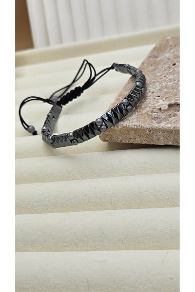AURA Hematite Stone Anthracite Natural Stone Bracelet Macrame