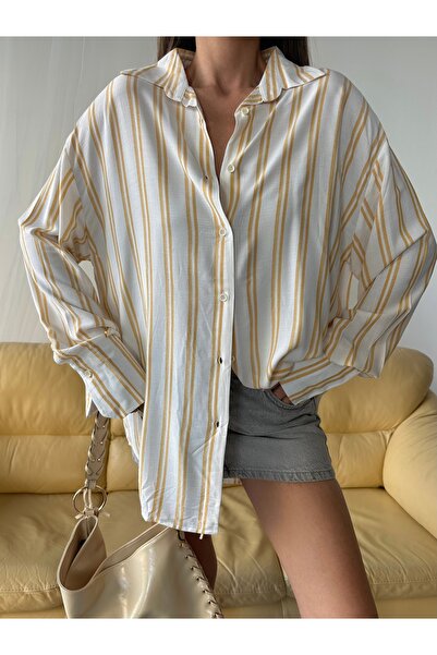 Paw Garage Cămașă lejeră cu dungi galbene și albe pentru femei