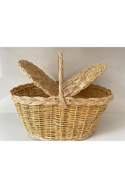 Beyaz Atölyem Covered Wicker Handmade Large Size Picnic Basket Light Color