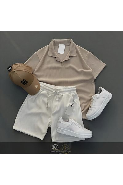 NewCabin Ribbed Ottoman Premium Fabric Polo Neck Unisex T-Shirt and Shorts Set