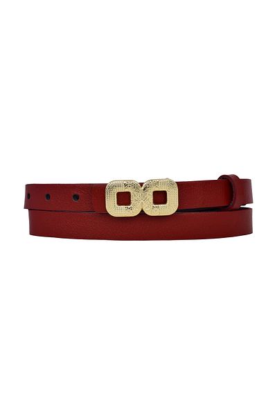 GoDeri 2cm Red Thin Women's Belt with Gold Color Buckle - 100% Genuine Leather, for Dress and Pants