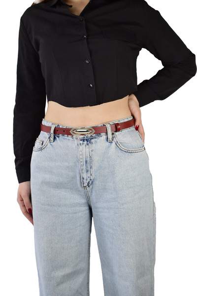 GoDeri %100 Hakiki Deri, Gümüş Tokalı İnce 2 cm Kırmızı Kadın Elbise, Pantolon Kemeri; orta.tümsek