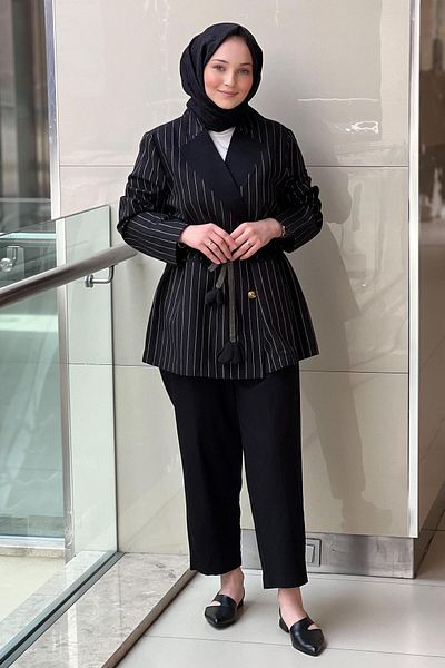 Ghisa V Knitwear Collar Waist Shirring Striped Jacket Pants Set