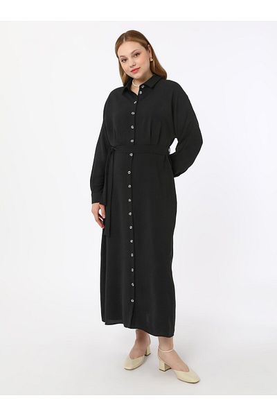 ALİA Plus Size Buttoned Aerobin Hijab Dress - Black - Alia