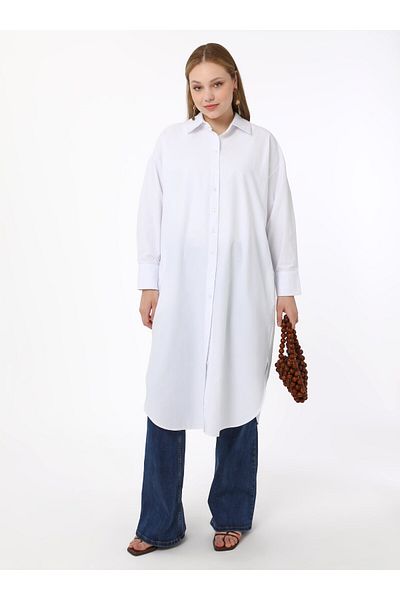 ALİA Βαμβακερό Χιτώνα Ποπλίνα Plus Size - Λευκό - Alia Moda