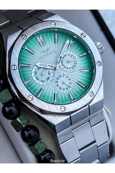 FERRO Men's Watch, Functions Active, Green Steel Band in Silver, Bracelet Gift