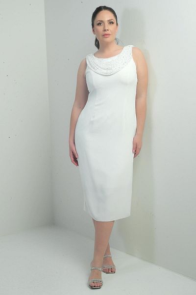 By Saygı Flounce Collar Stone Detailed Lined Large Size Crepe Midi Dress