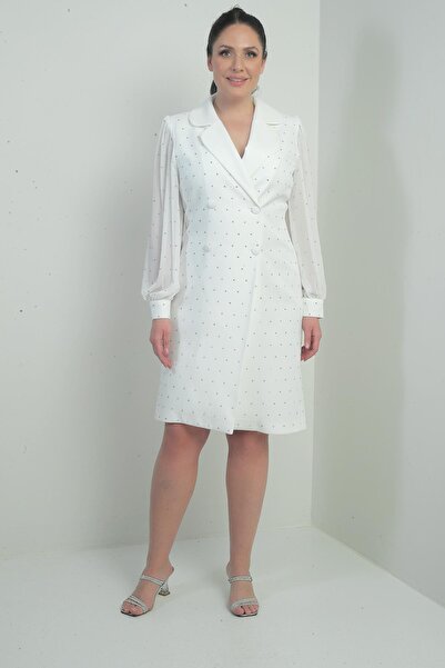 By Saygı Women's Double Breasted Lapel Front Button Chiffon Sleeve Beaded Plus Size Short Dress