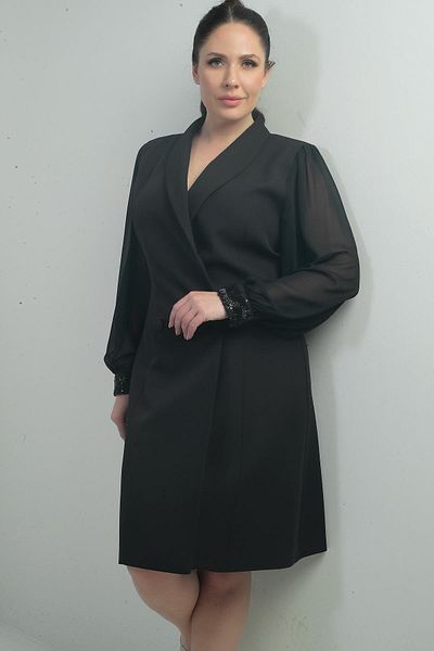 By Saygı Rochie de damă cu guler dublu și mâneci din șifon, cu mărgele, căptușită, mărime mare