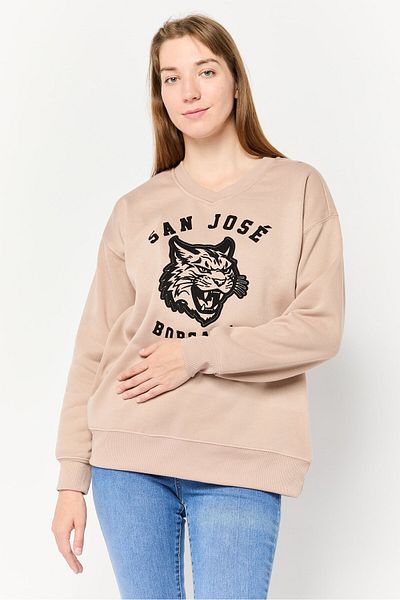 No Comment Women V Neck Graphic Print Long Sleeves Sweatshirt, Light Brown
