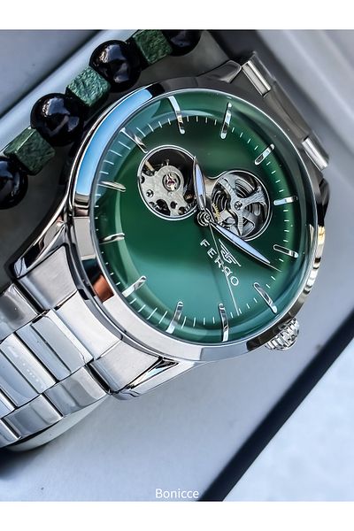 FERRO Men's Watch, Automatic (Without Battery), Steel Band, Silver - Green Color, Bracelet Gift