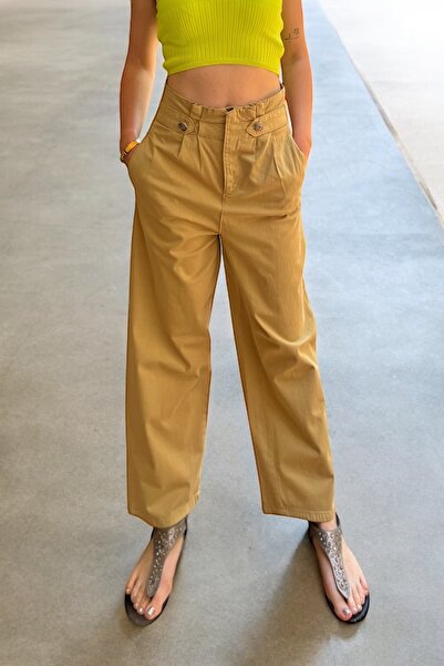 Butik Bej Yüksek Bel Koton Pantolon