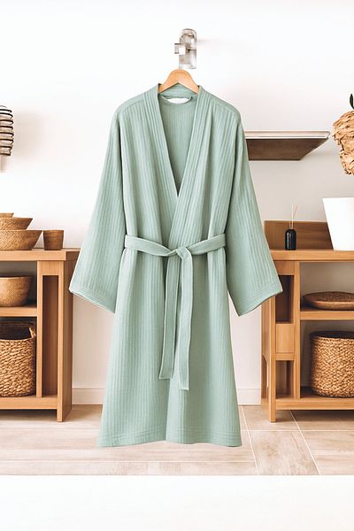 CollessiaHome Kimono de muselină unisex verde Çağla - strat dublu, halat de baie subțire, halat de toaletă 100% bumbac organic