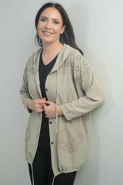 By Saygı Women's Hooded Button Front Pocket Scalloped Plus Size Cardigan